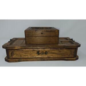 Vintage Wood Men's Valet Jewelry Box 1980s 2 Tier 3 Compartment 10.5" x 6.5"